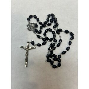 VTG Catholic Rosary Black Plastic Beads Made In Italy Silver Tone Cross